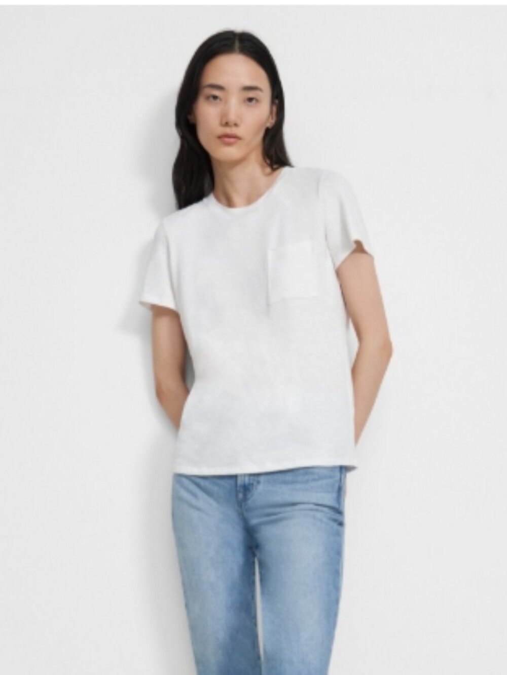 THEORY $175 NWOT White Easy Pocket Tee stretch Slub Flex Linen Small
